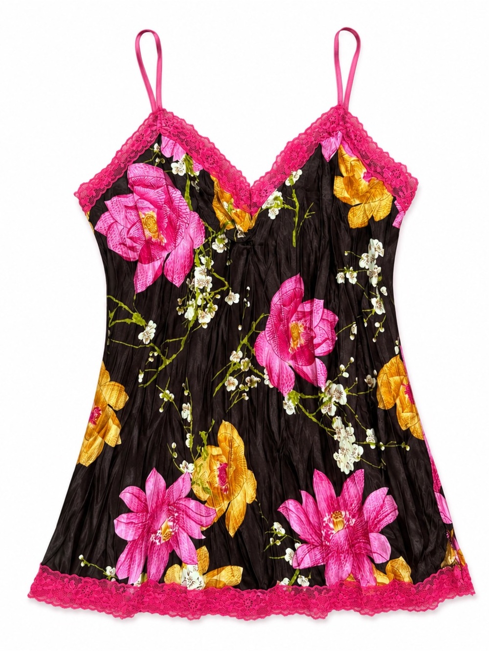 Floral Satin Slip Tank in Black with Pink Trim